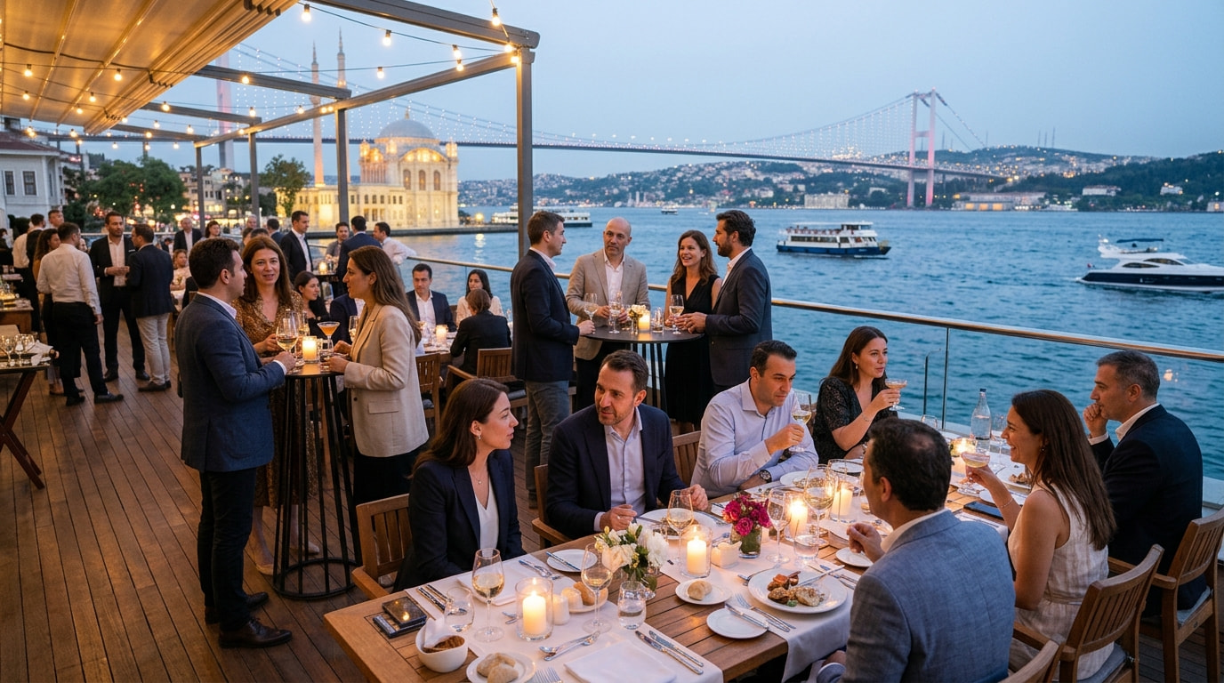 Corporate incentive group enjoying dinner by the Bosphorus in Istanbul