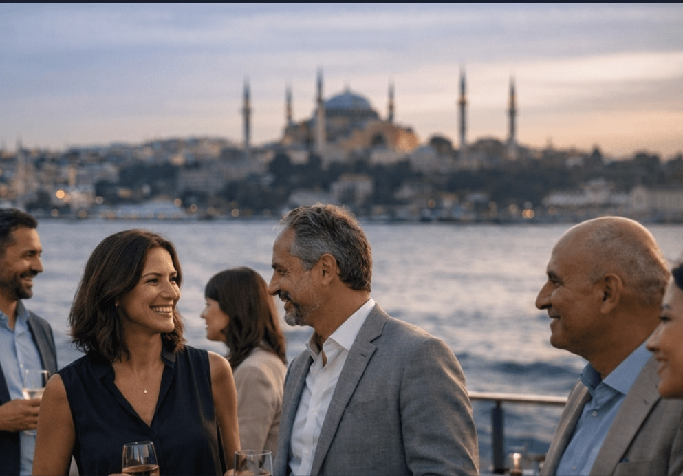 Corporate networking group by the Bosphorus in Istanbul with the historic skyline in the background.