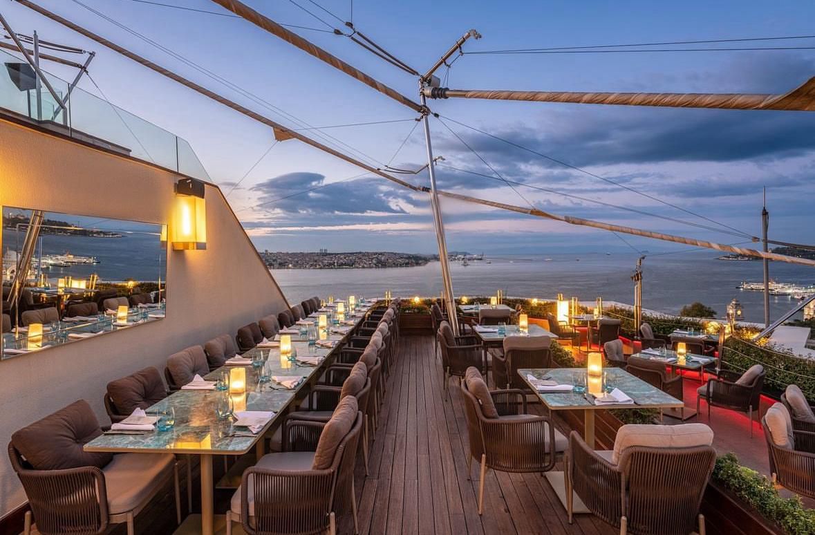 Rooftop restaurant in Istanbul overlooking the Bosphorus at sunset