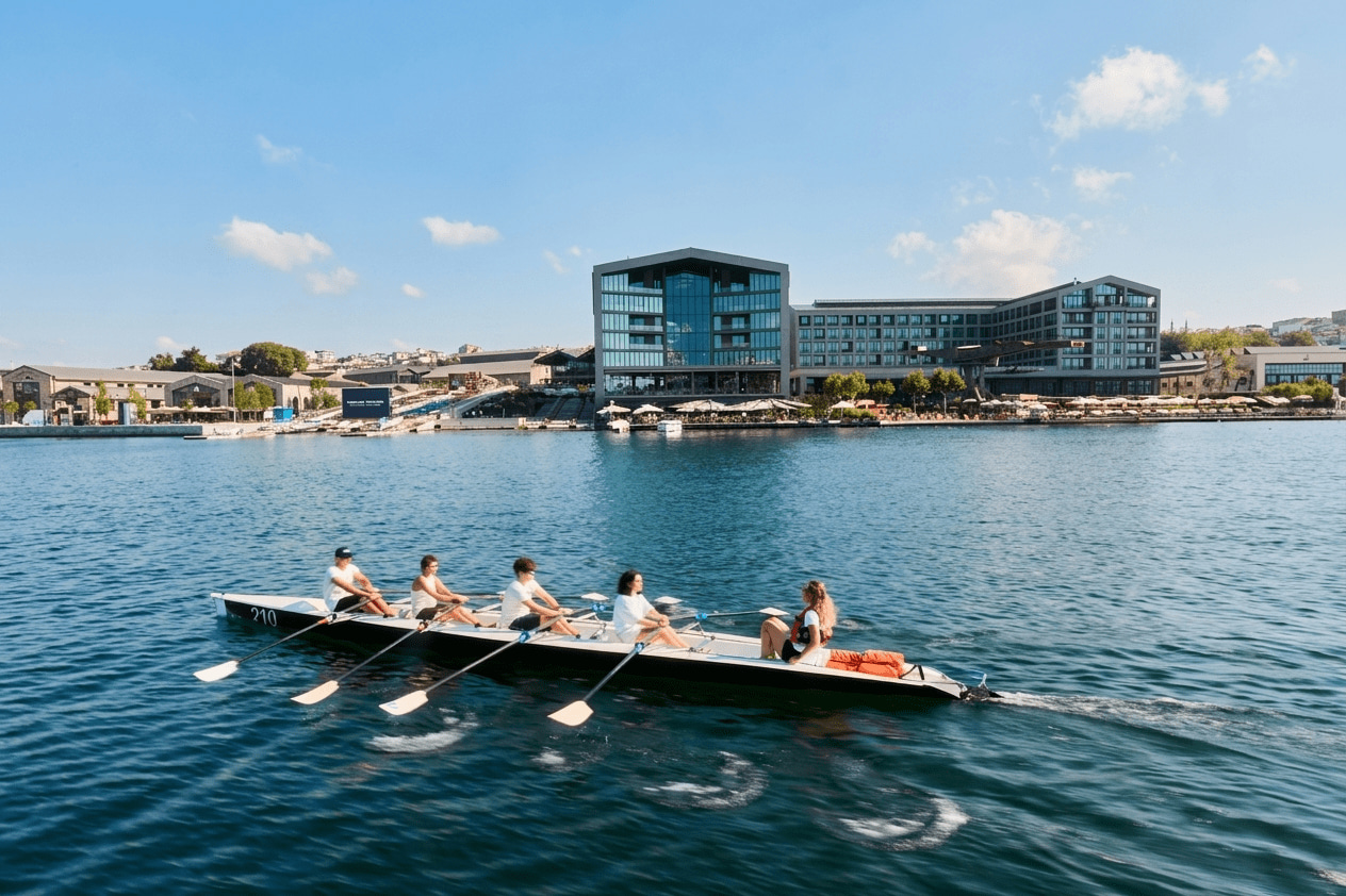 Corporate group rowing on the Golden Horn during a team building activity in Istanbul